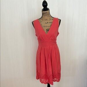 Coral Pleated Midi Sundress V-neck